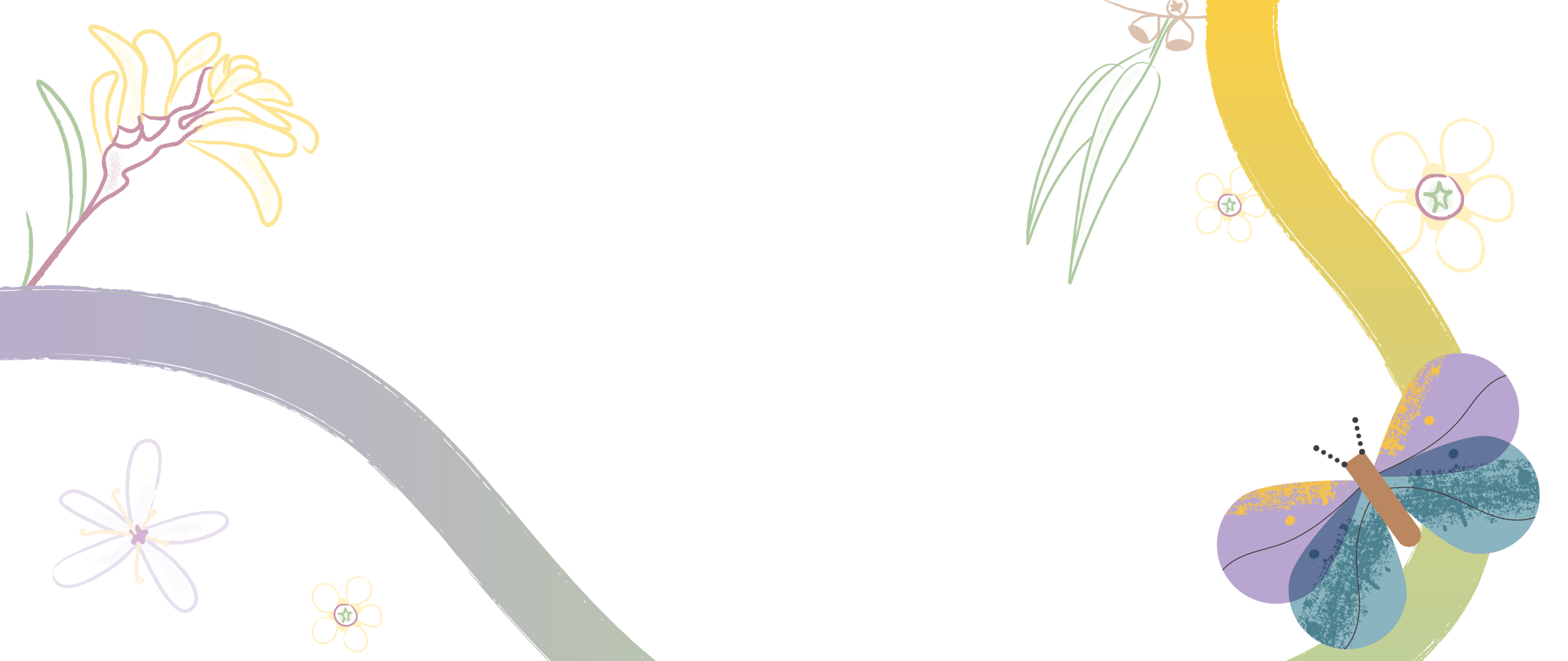 Decorative banner featuring an illustrated butterfly amidst fluid brushstrokes and outlined native flora, creating a vibrant and artistic background.
