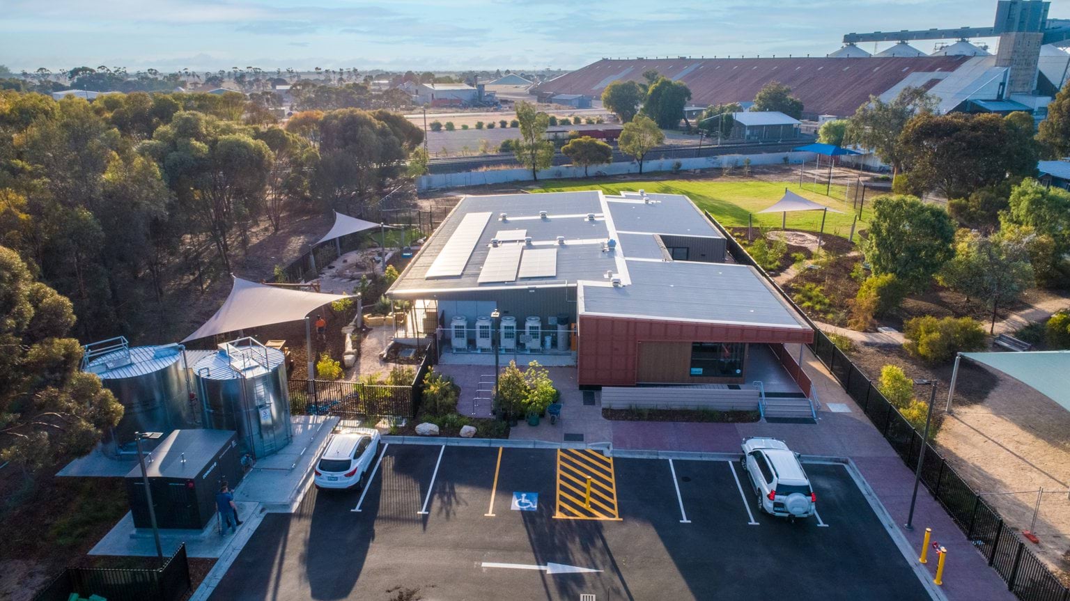 Angled aerial view of Early Learning Victoria Bani Walup (Murtoa) from the front, showing carpark, accessible entrance and solar-panelled roof.