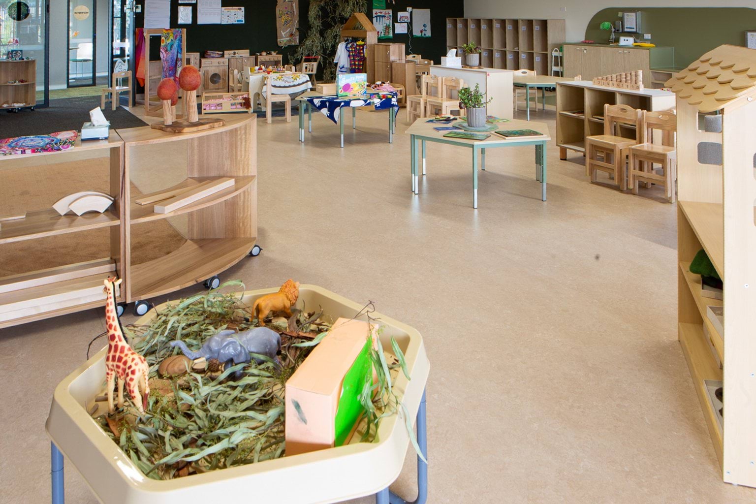 Wide view of playroom at Early Learning Victoria Wimbi (Fawkner) with timber furniture, open shelves, assorted toys and tray table in foreground with eucalyptus leaves and plastic animal toys, hallway visible in background.