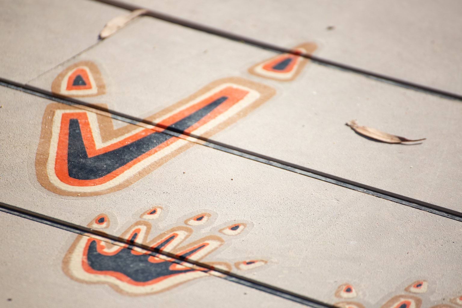 Close-up of painted native Australian animal footprints, including emu and wombat tracks, on wooden deck at Early Learning Victoria Nyernilang Lar (Eaglehawk North).